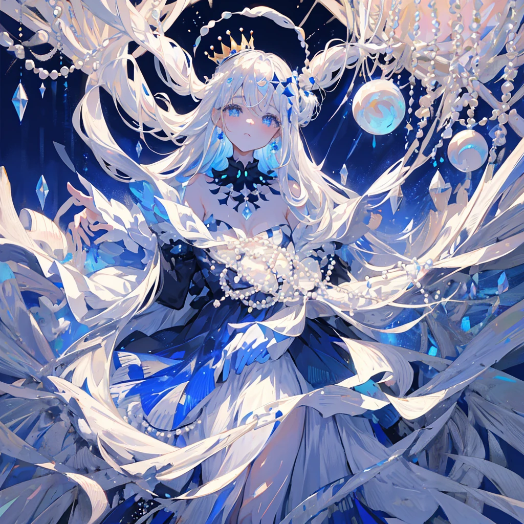 Princess, long shiny Silver hair fading into a royal
blue colour with pearls, two bows on the head one
having a moon in the middle having pearls at the
edges, a dark blue dress covered in pearls, a moon
on the torso piece, two dark blue Hand accessories
being with pearls, and soft expression, an crown
on the head with pearls and a moon in the middle,
pearls hanging from the clothingcrown out of pearls, eyes royal blue very Detailed,
waistbow out of pearls, diamonds making everything
shine, shiny Silver long hair fading into and royal blue
color, Black dress with diamonds in the corner of the
dress, one person