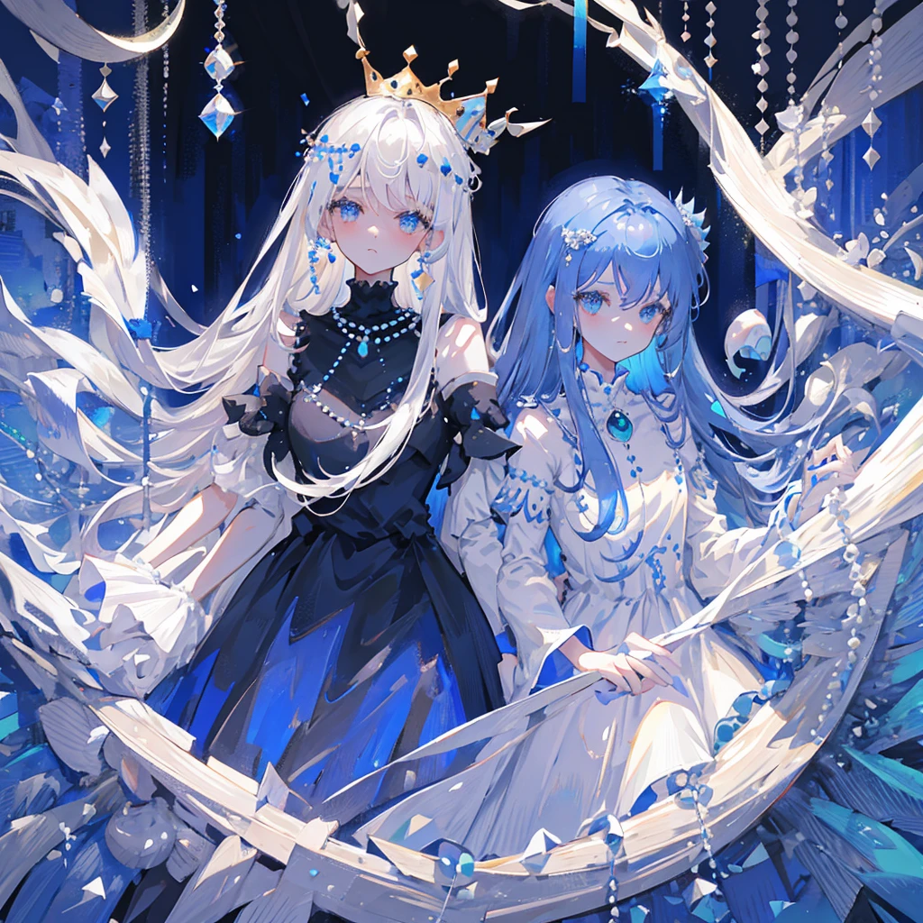 Princess, long shiny Silver hair fading into a royal
blue colour with pearls, two bows on the head one
having a moon in the middle having pearls at the
edges, a dark blue dress covered in pearls, a moon
on the torso piece, two dark blue Hand accessories
being with pearls, and soft expression, an crown
on the head with pearls and a moon in the middle,
pearls hanging from the clothingcrown out of pearls, eyes royal blue very Detailed,
waistbow out of pearls, diamonds making everything
shine, shiny Silver long hair fading into and royal blue
color, Black dress with diamonds in the corner of the
dress, one person