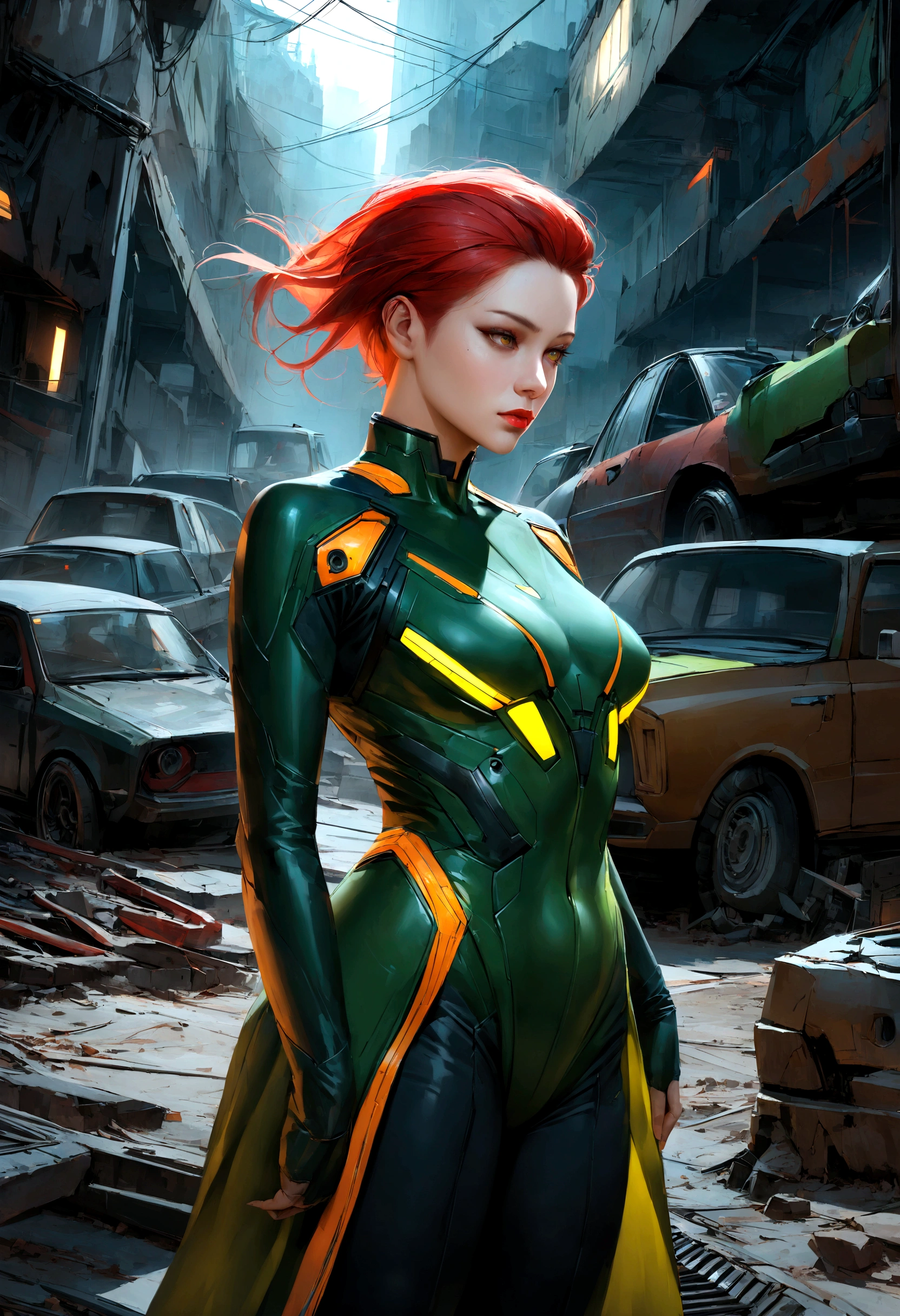 Animatrix style, ultrarealistic, cyberpunk, sci-fi, character, female, ultra textured, perfect face. A beautiful red-haired mechanic has mutant powers, she is powerful and walks empowered in the middle of a large car graveyard. Her wardrobe has dark red, dark green and dark yellow colors.