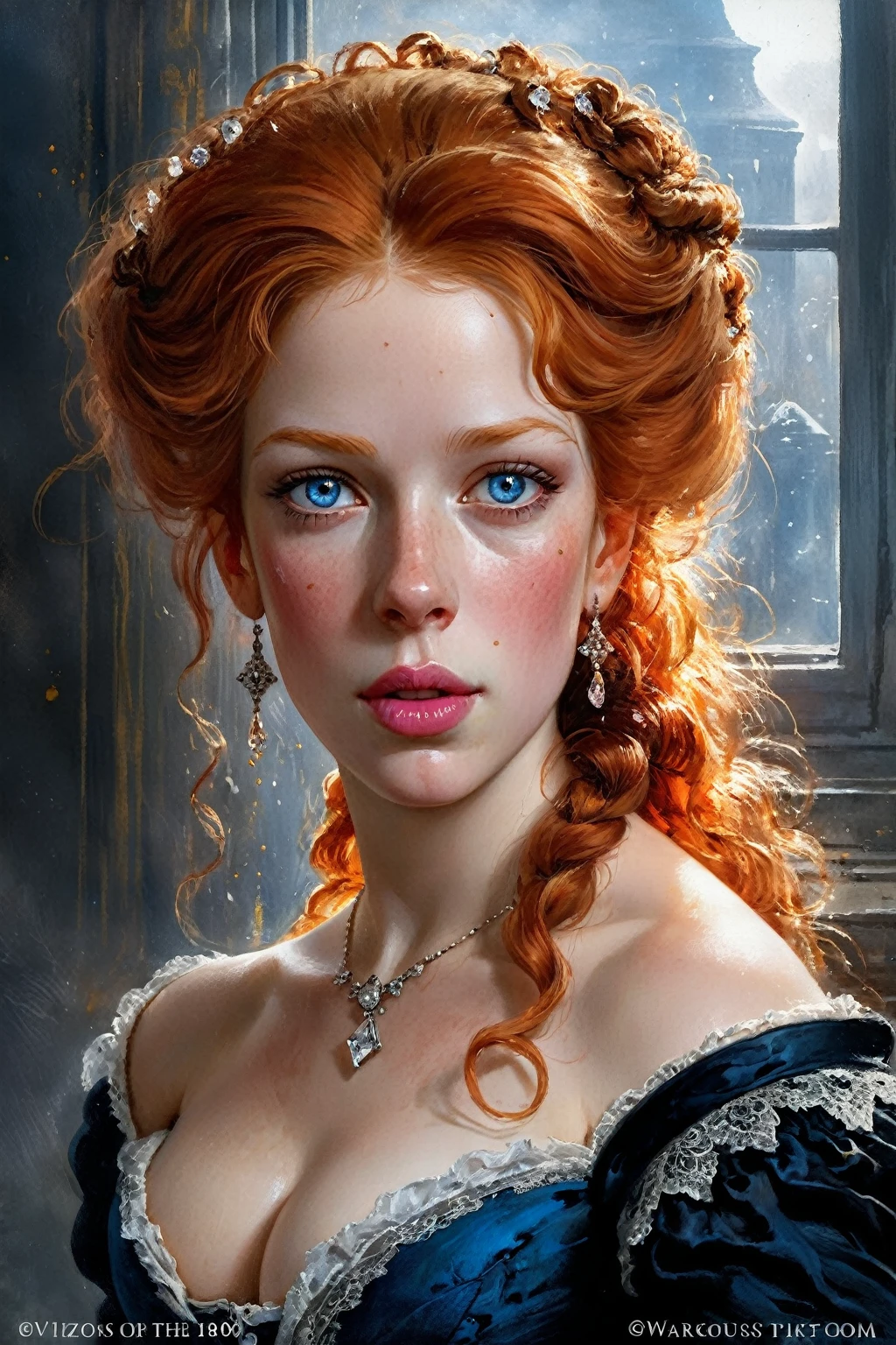 Victorian English Woman of the 18th century, very detailed Bright Ginger hair, Pink lips, very detailed skin, Nice features, Wadim Kashin, James Gurney, ink, Splash Art, Amazing beauty, Royo, after sexing, Super detailed splash art modern European oil ink painting, big Gorgeous chests, Gorgeous Body, oil painting, very detailed Bright Diamond Blue eyes, Blush, Greg Rutowski, no extra head:1.4.