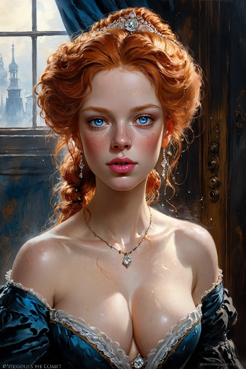 Victorian English Woman of the 18th century, very detailed Bright Ginger hair, Pink lips, very detailed skin, Nice features, Wadim Kashin, James Gurney, ink, Splash Art, Amazing beauty, Royo, after sexing, Super detailed splash art modern European oil ink painting, big Gorgeous chests, Gorgeous Body, oil painting, very detailed Bright Diamond Blue eyes, Blush, Greg Rutowski, no extra head:1.4.