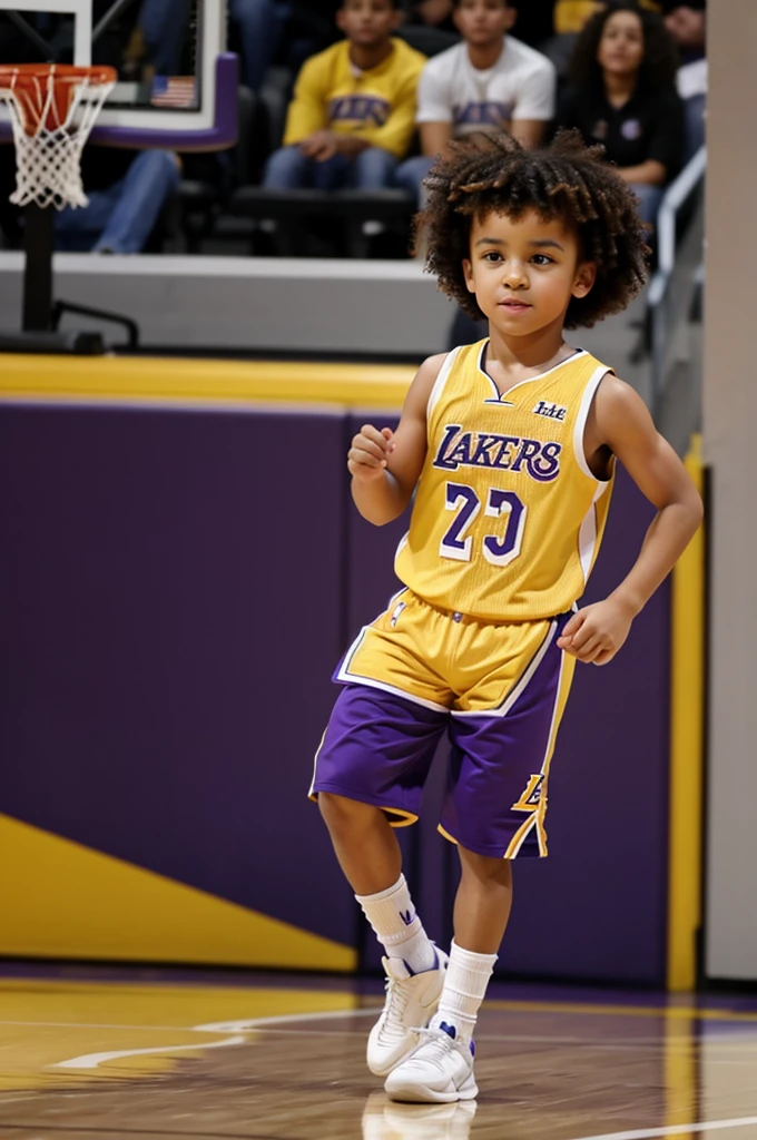 A boy in a laker outfit and curly hair