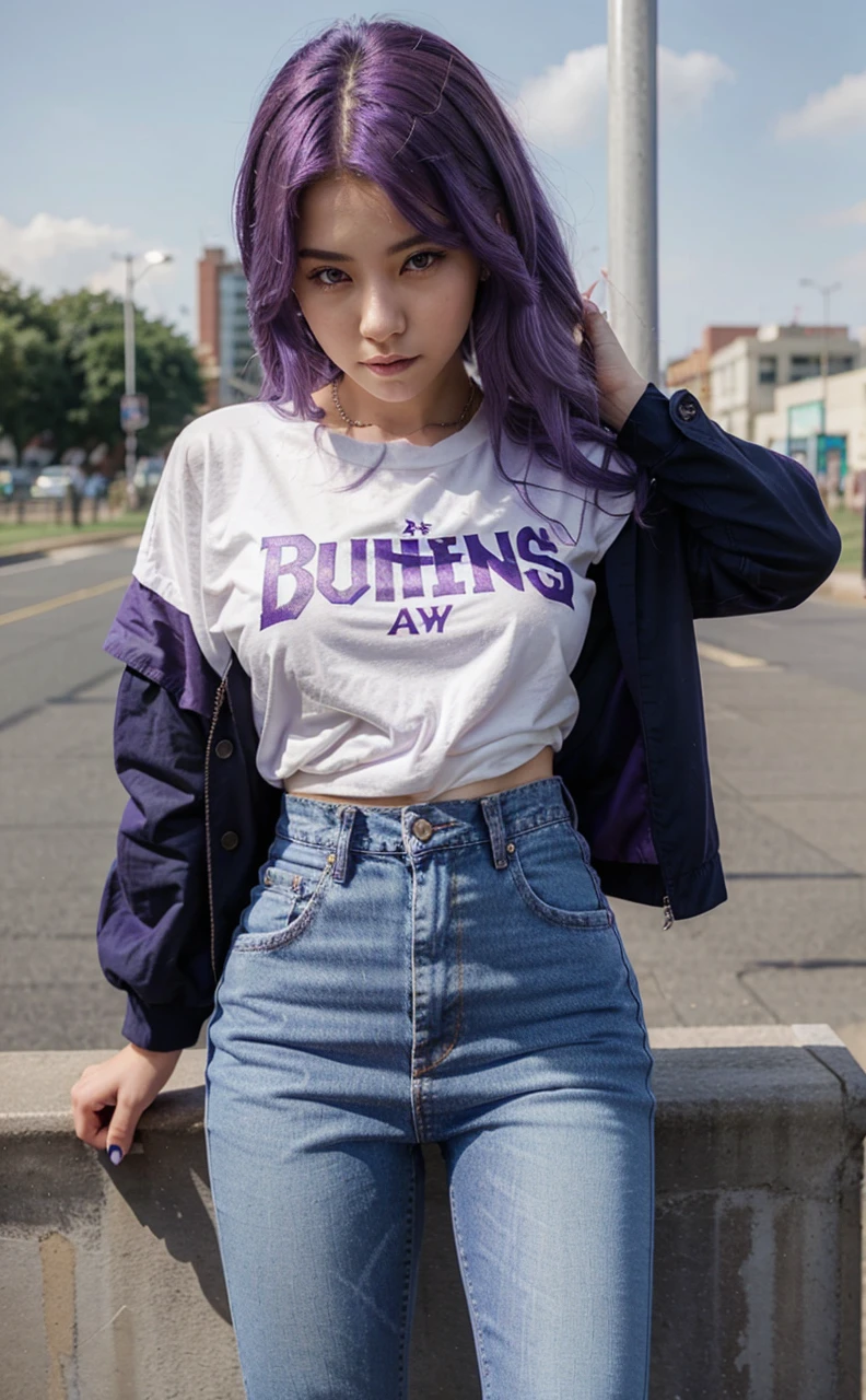 A beautiful girl with purple hair wearing jeans in front of the words The Queen's of Bangtan 