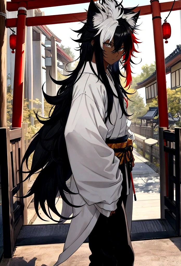 white  shirt, wearing a black sweatshirt with silver details , white tennis shoes with black details, black jeans, yellow and black eyes heterochromia, expression of calm, Messy hair , Medium length hair , 1 men , multicolored black and white hair ( focus on hair containing both colors) , two tone hair , dark skin color(focus on dark skin 1.1), in a western setting , with a torii (traditional japanese gate.) in front of you, on his side he has a wolf , with messy white fur, blue colored eyes