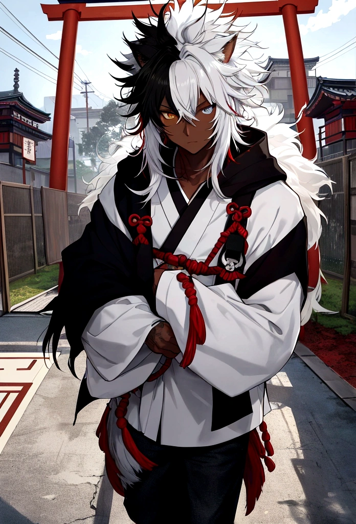 white shirt, wearing a black sweatshirt with silver details , white tennis shoes with black details, black jeans, yellow and black eyes heterochromia, expression of calm, Messy hair , Medium length hair , 1 men , multicolored black and white hair ( focus on hair containing both colors) , two tone hair , dark skin color(focus on dark skin 1.1), in a western setting , with a torii (traditional japanese gate.) in front of you, on his side he has a wolf , with messy white fur, blue colored eyes