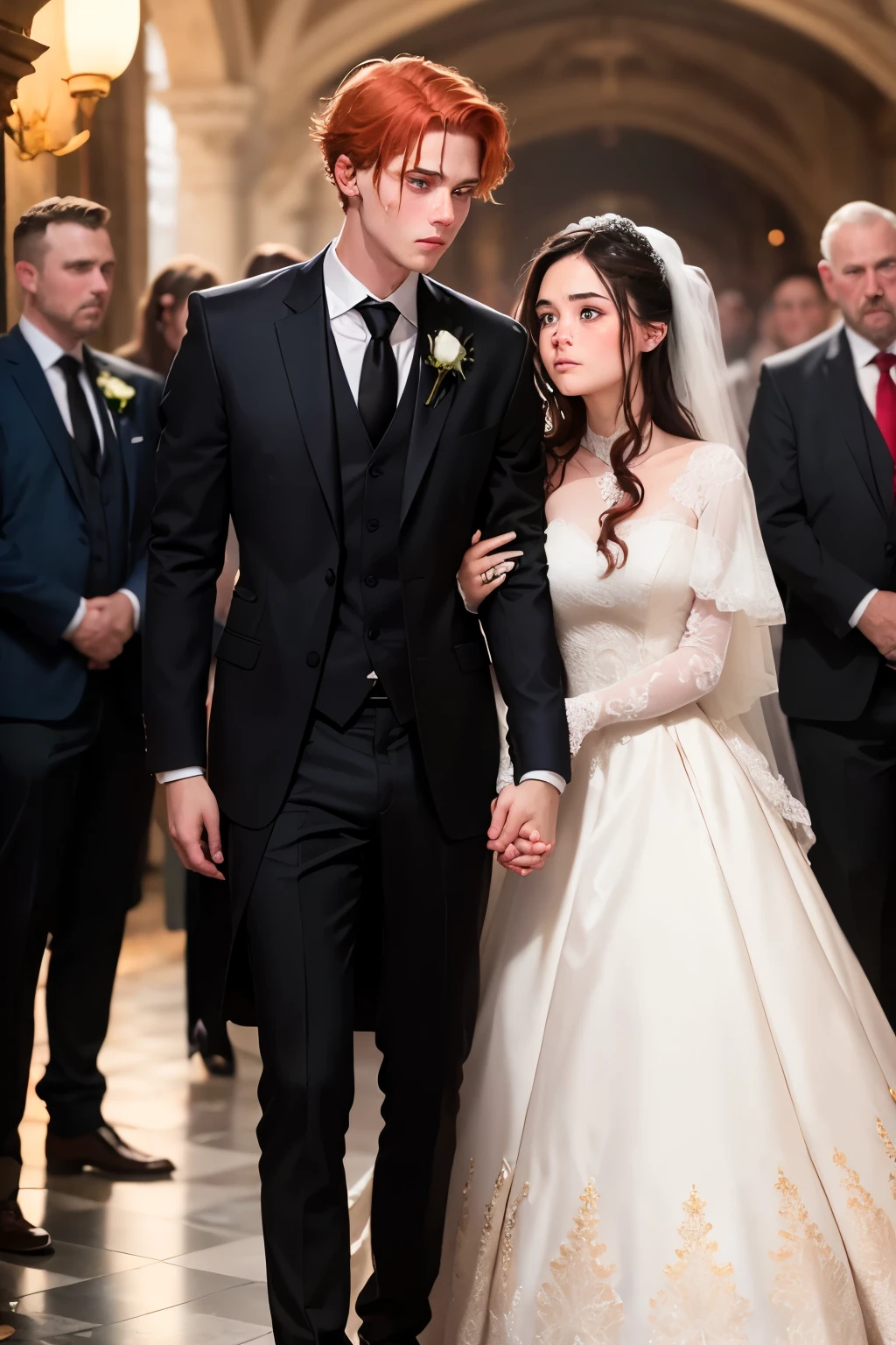 photo of a young 16 year old girl in the 15th century at her wedding party with a sad face, Red hair , blue eyes almost green with white skin since it was a marriage arranged next to her a tall man with pale skin ,black hair , with a distorted face wearing a black suit with a red tie
