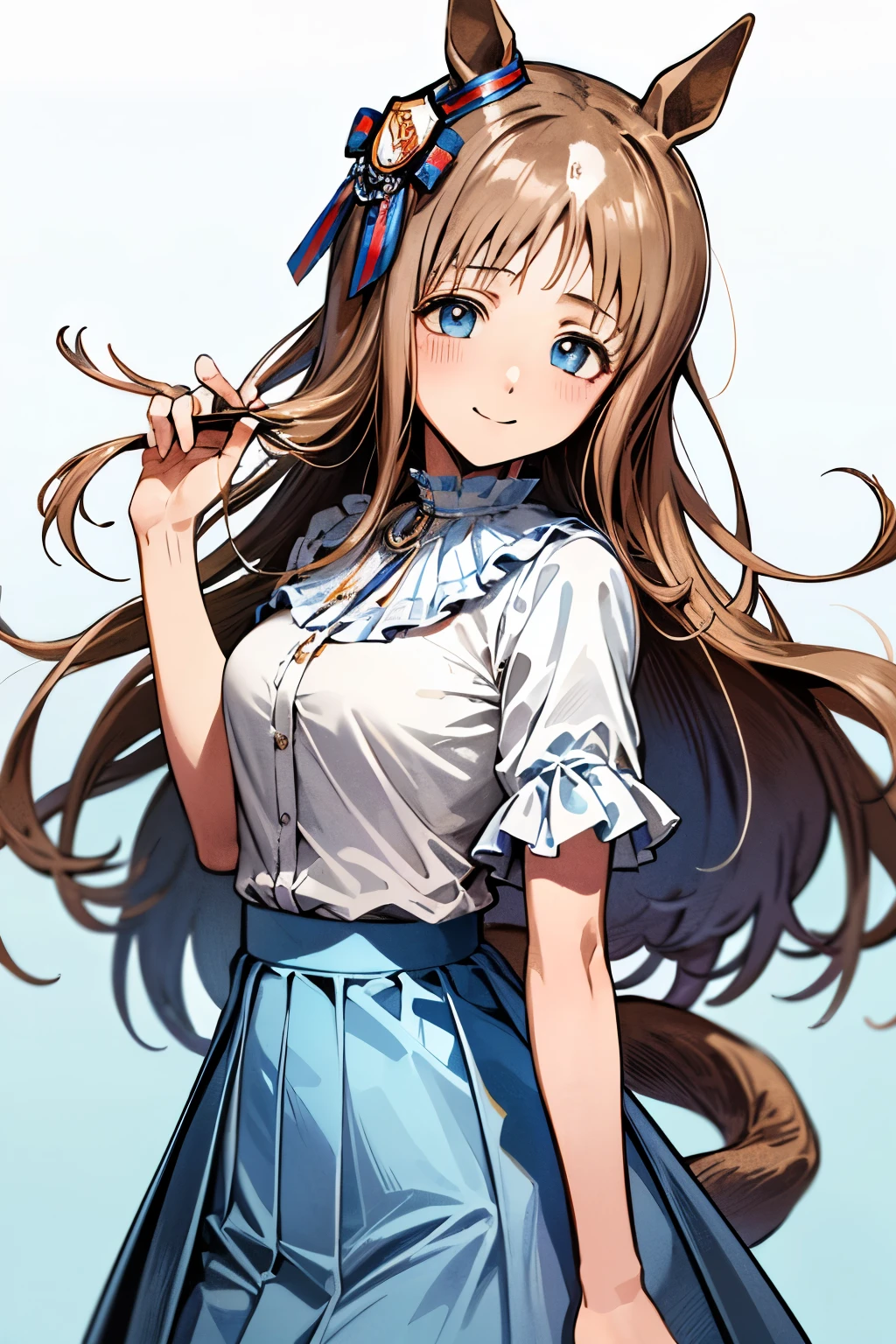 Belldandy,1girl, solo, facial mark, long hair, blue eyes, brown hair, forehead mark, jewelry, earrings, 1990s (style), ponytail, dress, retro artstyle, smile, looking back, long sleeves, <lora:Kosuke Fujishima:0.8>