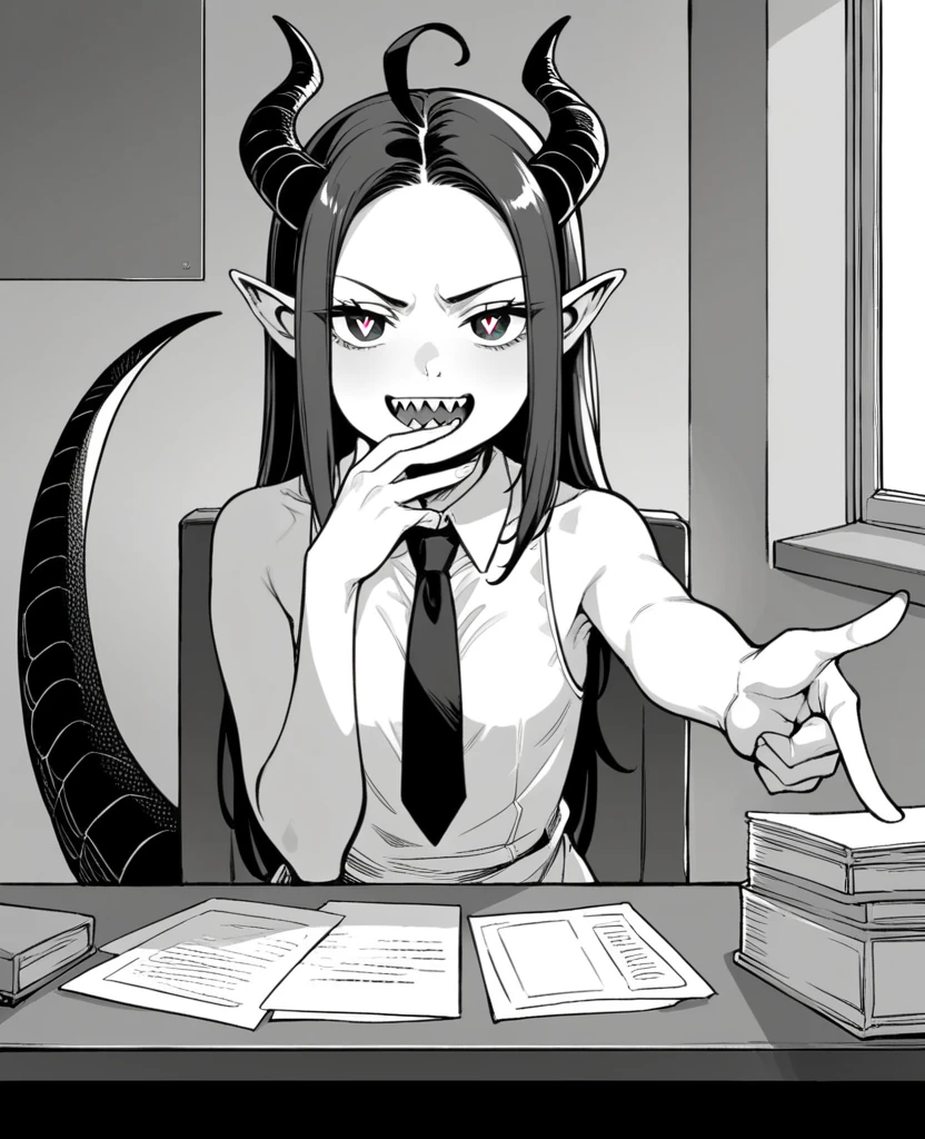 Scarlett Johansson, naked, horns, bright pupils, ahoge, pointy ears, (dragon tail:1.1), collared dress, sleeveless dress, necktie, small breasts, (pointing at viewer:1.035), BREAK laughing, covering mouth, hand to own mouth, sharp teeth, (smug:1.2), :d, open mouth, , indoors, office, sitting on desk, holding food, (bag of chips:0.7),