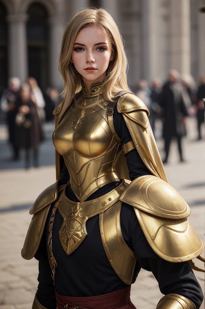 (best quality, masterpiece:1.3), 1 woman, 22 year old, Warrior, sword, armor, upper body,  AnjelikaV2, royal, cape, regard détermné, parted lips,  film grain, blurry foreground, gold armor, a lot of details, turtle designed armor