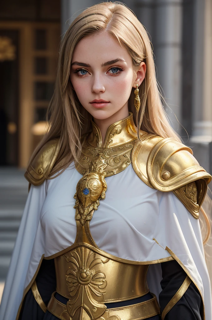(best quality, masterpiece:1.3), 1 woman, 22 year old, Warrior, sword, armor, upper body, AnjelikaV2, royal, cape, regard détermné, parted lips, film grain, blurry foreground, gold armor, a lot of details, turtle designed armor