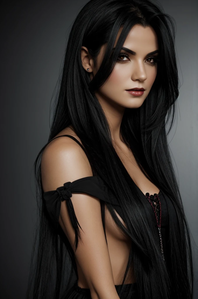 (Realistic:1.2), full body shot. (a ultra real full body shot photo of cute woman with black eyes and very long black hair, covering her uncoveted body), extremely sexy, (she listens into the ringing silence, slightly tilting her head to the side), Close-up details in the background, Ultra Contrast, ultra dark decor. Intricate details of her beautiful eyes and perfect face.