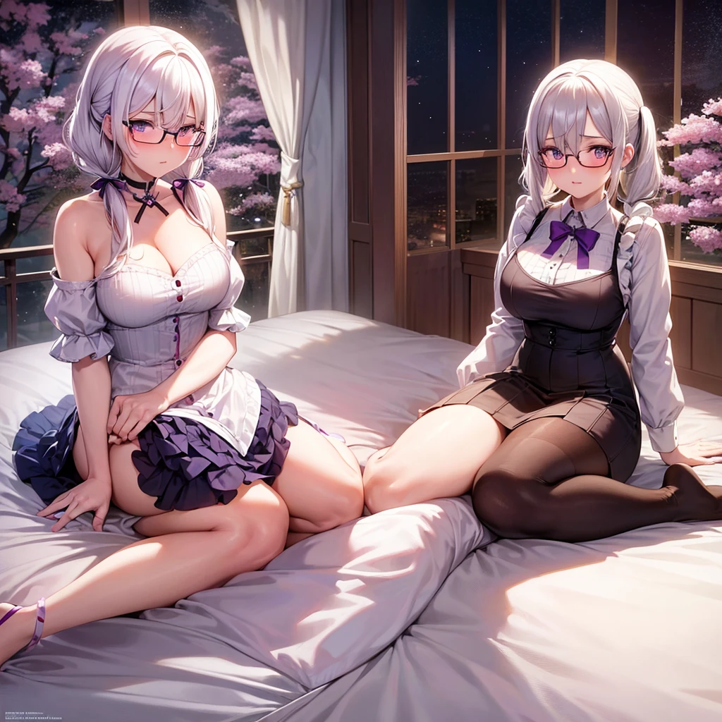 adult anime girl, white hair pigtails, ribbons, blushing, purple eyes, 8k, high res, 1 girl, good lighting, fine detail, bed rob, glasses, (masterpiece), perfect face, best quality, looking at view, flowers, petals, full body thick, sitting on bed
