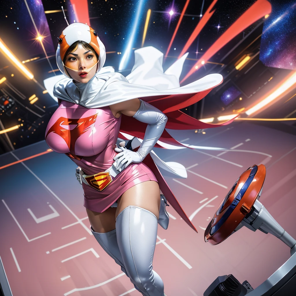 ANI_CLASSIC_jun_gatchaman_ownwaifu,1girl, 15yo,good anatomy, masterpiece, best quality,realistic, hyper realistic, 16k hdr, long hair,breasts,lips,large breasts,lipstick,makeup,gloves,cape,helmet,belt,elbow gloves,white gloves,mask,ultra miniskirt,leotard,spacesuit,white tight overknee highheels boots,pink dress,superhero,bodysuit,cleavage,erected nipples,(stand pose,hands on hip),(spread legs:1.1),cameltoe
