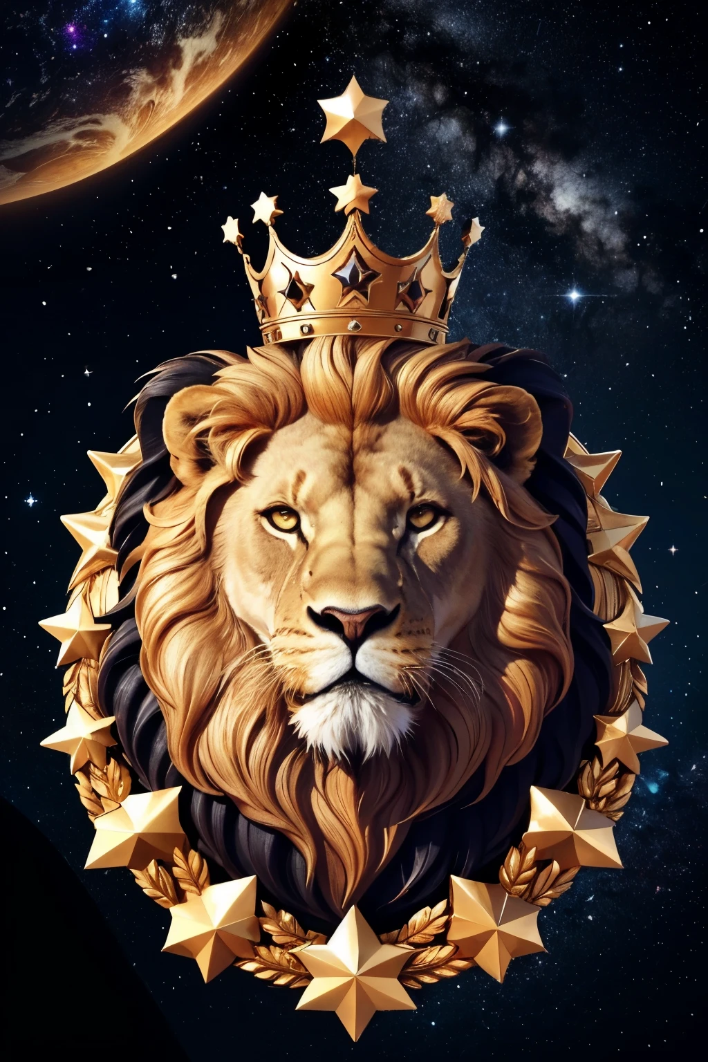 Create a stylish flag with a logo of a lion with a crown on its head, surrounded by stars in the center. The lion must be represented in an imposing and majestic way, with the crown adorned with five stars that symbolize power and leadership. The stars must be arranged harmoniously around the lion&#39;s head, highlighting its central importance in the flag. The background of the flag can be simple to keep the focus on the figure of the lion and stars. This flag must convey a sense of nobility and distinction, suitable to represent an entity or group with values of royalty and grandeur.
