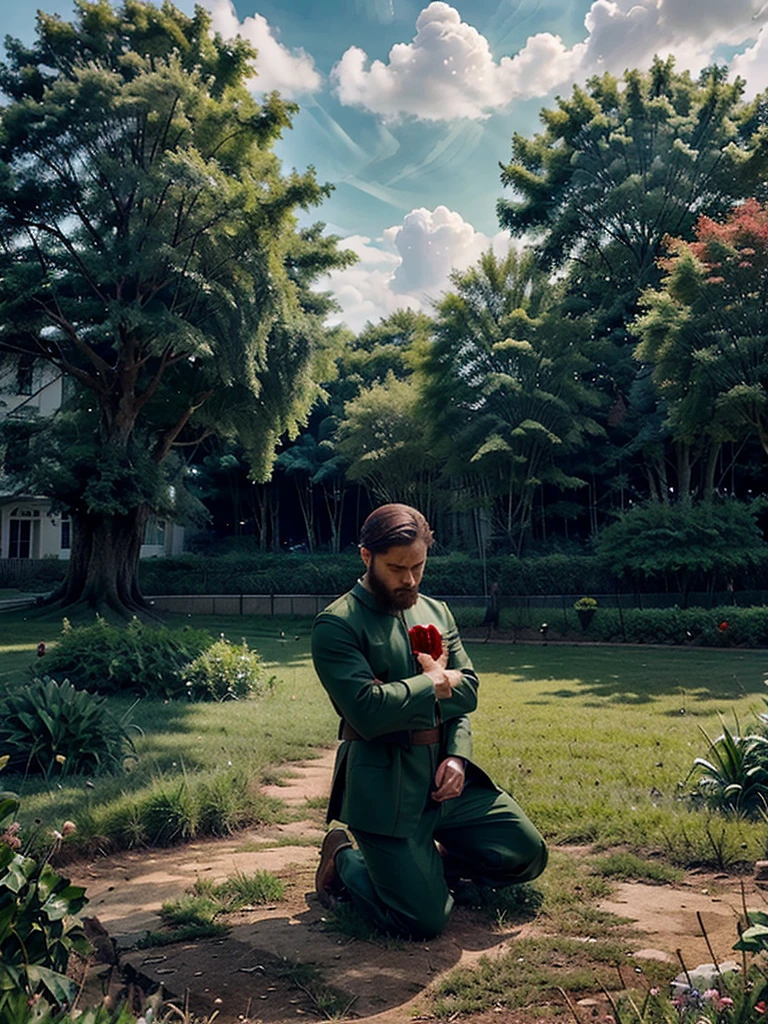 In a green field a man kneeled piously praying and a red lion surrounded him