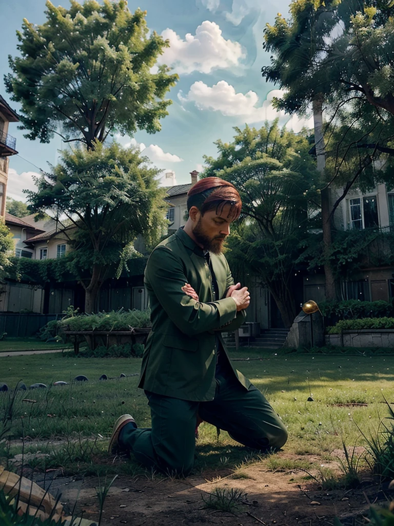 In a green field a man kneeled piously praying and a red lion surrounded him