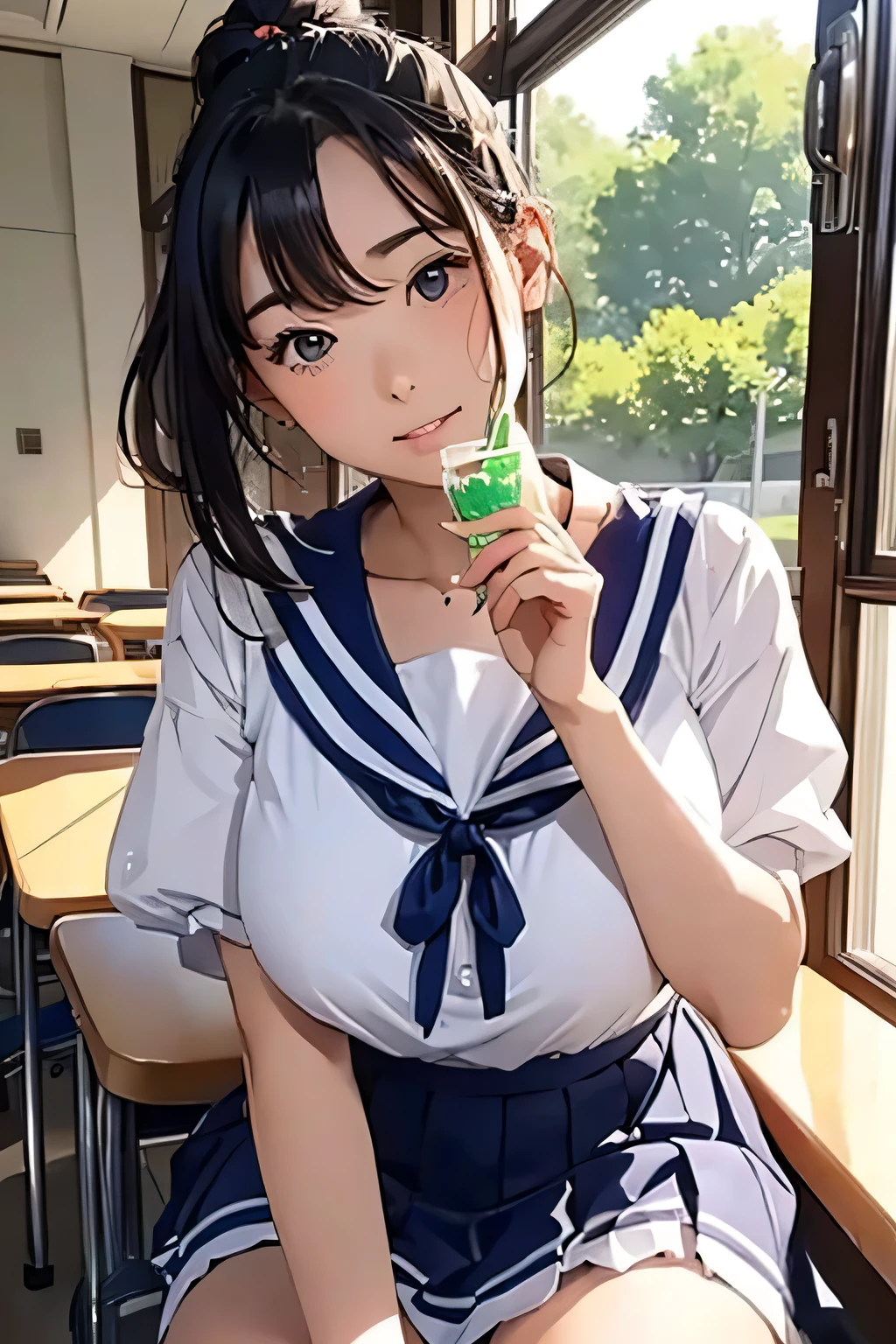 Highest quality、High resolution、Detailed Background、(Beautiful face in every detail:1.2)、Anatomically correct、(Detailed eyes:1.2)、 beauty、(Highly detailed face)、(Huge breasts:1.2)、Cute hair colour、Bobcut、Braided Ponytail、Cute hairstyle、well-groomed eyebrows、Perfect body line、Short-sleeved white sailor suit、Pleated mini skirt、Hot midsummer day、Full window open、Summer Heat、Covered in sweat、Sweat makes clothes transparent、sitting in a classroom chair during class、(A beautiful girl fanning herself with cute gestures:1.5)、
The strong sunlight streaming in through the window enveloped the classroom in a muggy atmosphere.、The students slowly fan themselves while wiping away sweat.、Thirsty students asking for water、Students sitting down to take a break、Sharing a cold drink