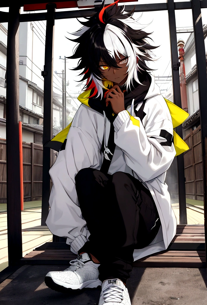 white  shirt, wearing a black sweatshirt with silver details , white tennis shoes with black details, black jeans, yellow and black eyes heterochromia, expression of calm, Messy hair , Medium length hair , 1 men , multicolored black and white hair ( focus on hair containing both colors) , two tone hair , dark skin color(focus on dark skin 1.1), in a western setting , with a torii (traditional japanese gate.