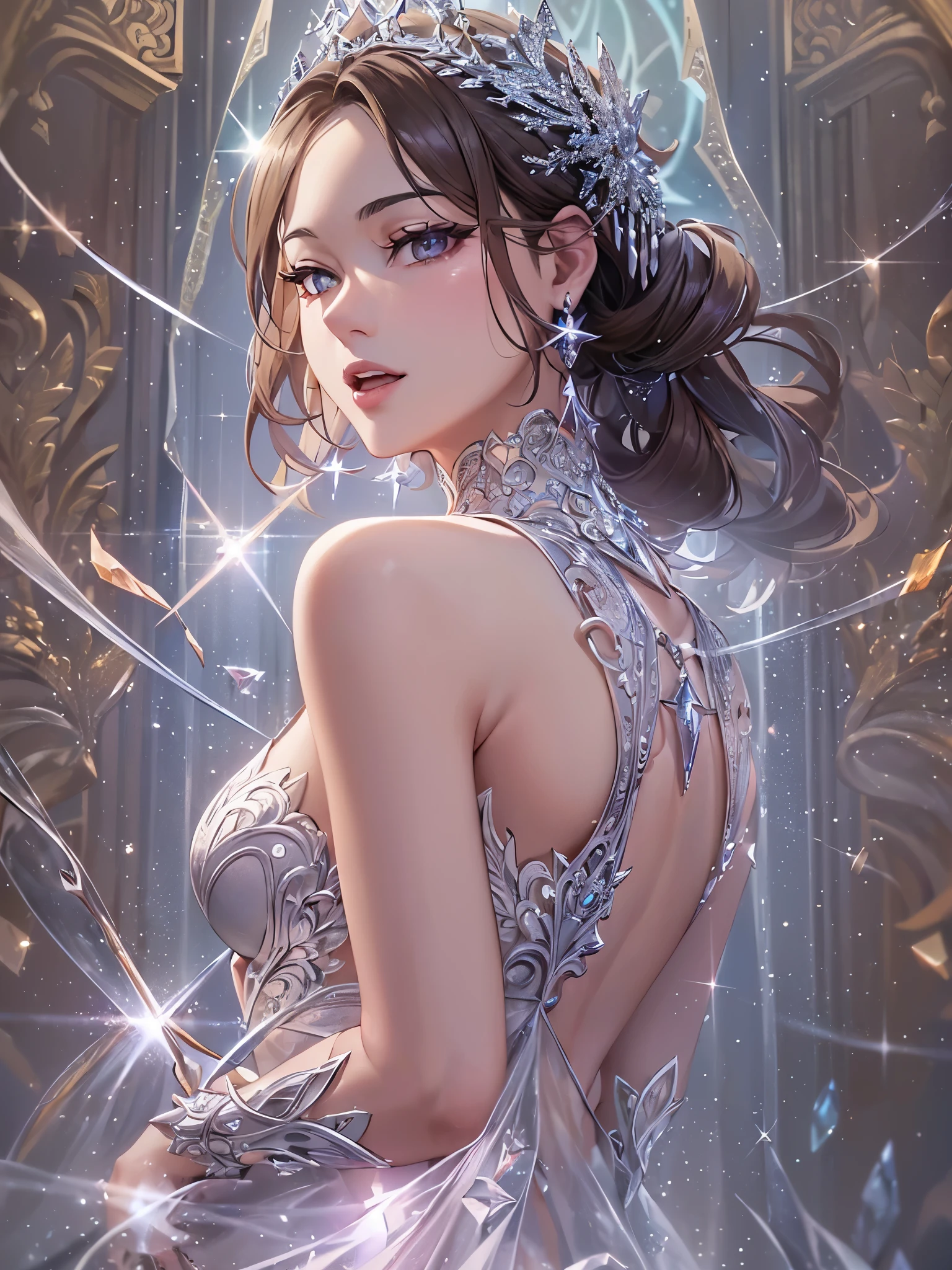 ((Highest quality)),(Ultra-high resolution),(Ultra-detailed new),(Detailed Description),((The best CG)),(masterpiece),Highly detailed art,A wonderful new art form,(Art with precise details:1.5), (One woman:1.4),(Beautiful and well-proportioned face:1.3),((crystal:1.5)),Dynamic Pose:1.4,(Gorgeous sparkling dress:1.6),(Boots with intricately detailed relief:1.3)