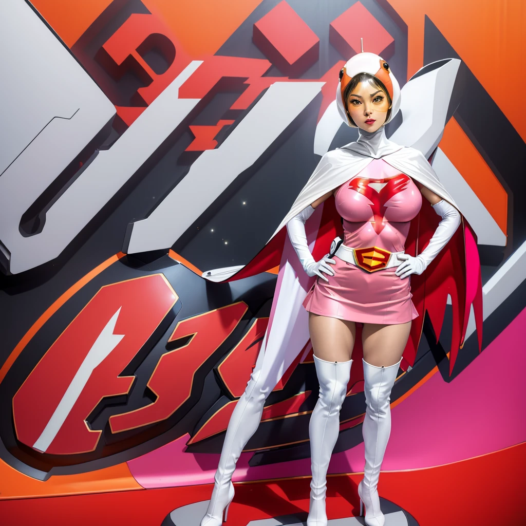 ANI_CLASSIC_jun_gatchaman_ownwaifu,1girl, 15yo,good anatomy, masterpiece, best quality,realistic, hyper realistic, 16k hdr, long hair,breasts,lips,large breasts,lipstick,makeup,gloves,cape,helmet,belt,elbow gloves,white gloves,mask,ultra miniskirt,leotard,spacesuit,white tight overknee highheels boots,pink dress,superhero,bodysuit,cleavage,erected nipples,(stand pose,hands on hip),(spread legs:1.1),cameltoe