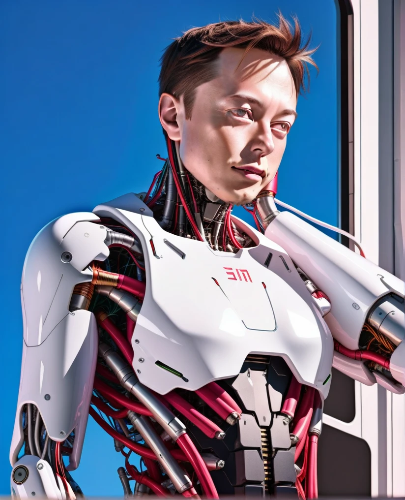 elon musk, high quality, cyborg, android, hyperrealistic, hyperdetailed, lots of components and wires