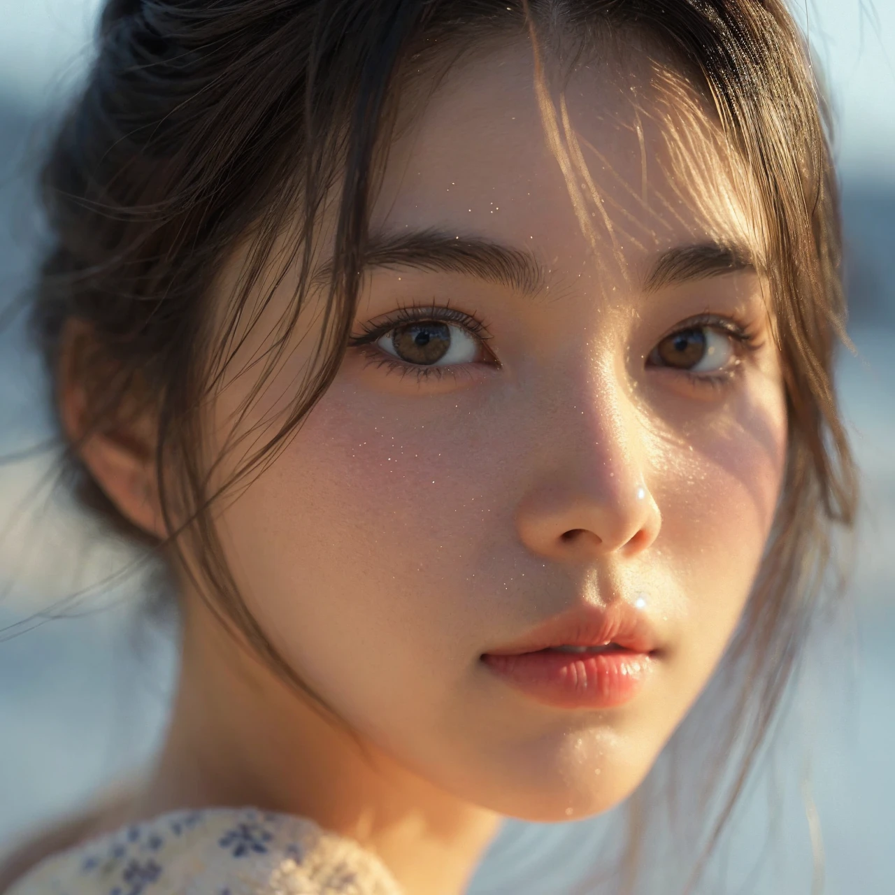 in the snowy forest, japanese girl, winter knit sweater, Yuki, pupils shine, brown short hair, big breasts, realistic portrait, depth of field, f/1.8, anatomically correct, rough skin, Super detailed, advanced details, high quality, Super detailed, advanced details, high quality, 最high quality, High resolution