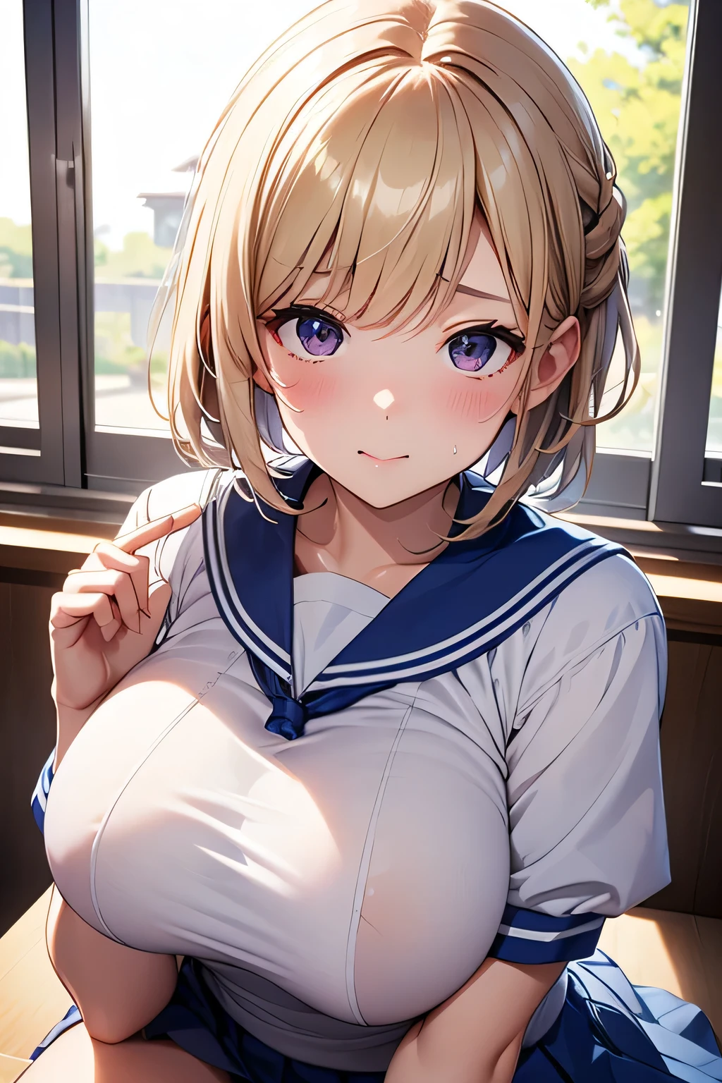 Highest quality、High resolution、Detailed Background、(Beautiful face in every detail:1.2)、Anatomically correct、(Detailed eyes:1.2)、age beauty、(Highly detailed face)、(Huge breasts:1.2)、Cute hair colour、Bobcut、Braided Ponytail、Cute hairstyle、well-groomed eyebrows、Perfect body line、Short-sleeved white sailor suit、Pleated mini skirt、Hot midsummer day、Full window open、Summer Heat、Covered in sweat、Sweat makes clothes transparent、sitting in a classroom chair during class、(A beautiful girl fanning herself with a cute gesture:1.5)、
The strong sunlight streaming in through the window enveloped the classroom in a muggy atmosphere.、The students slowly fan themselves while wiping away sweat.、Thirsty students asking for water、Students sitting down to take a break、Sharing a cold drink