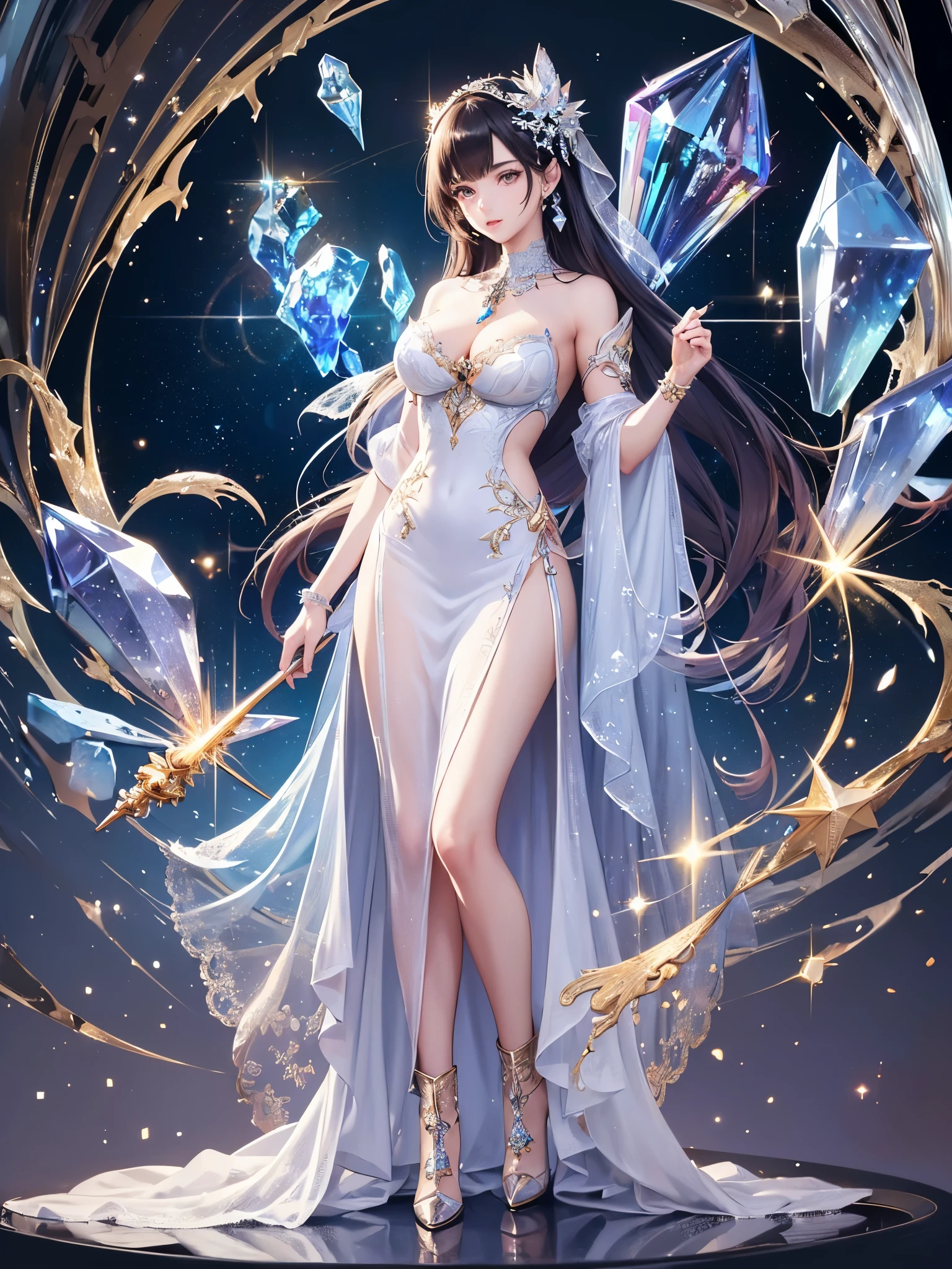 ((Highest quality)),(Ultra-high resolution),(Ultra-detailed new),(Detailed Description),((The best CG)),(masterpiece),Highly detailed art,A wonderful new art form,(Art with precise details:1.5), (One woman:1.4),(Beautiful and well-proportioned face:1.3),((crystal:1.5)),Dynamic Pose:1.4,(Gorgeous sparkling dress:1.6),(Boots with intricately detailed relief:1.3)