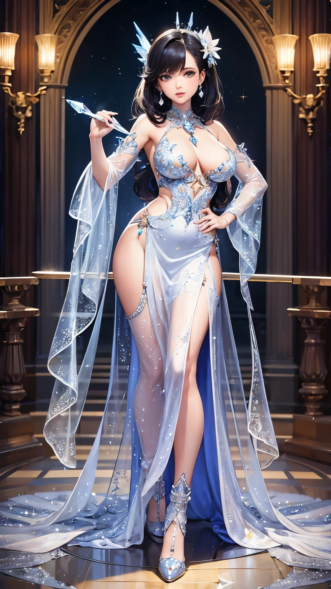 ((Highest quality)),(Ultra-high resolution),(Ultra-detailed new),(Detailed Description),((The best CG)),(masterpiece),Highly detailed art,A wonderful new art form,(Art with precise details:1.5), (One woman:1.4),(Beautiful and well-proportioned face:1.3),((crystal:1.5)),Dynamic Pose:1.4,(Gorgeous sparkling dress:1.6),(Boots with intricately detailed relief:1.3)