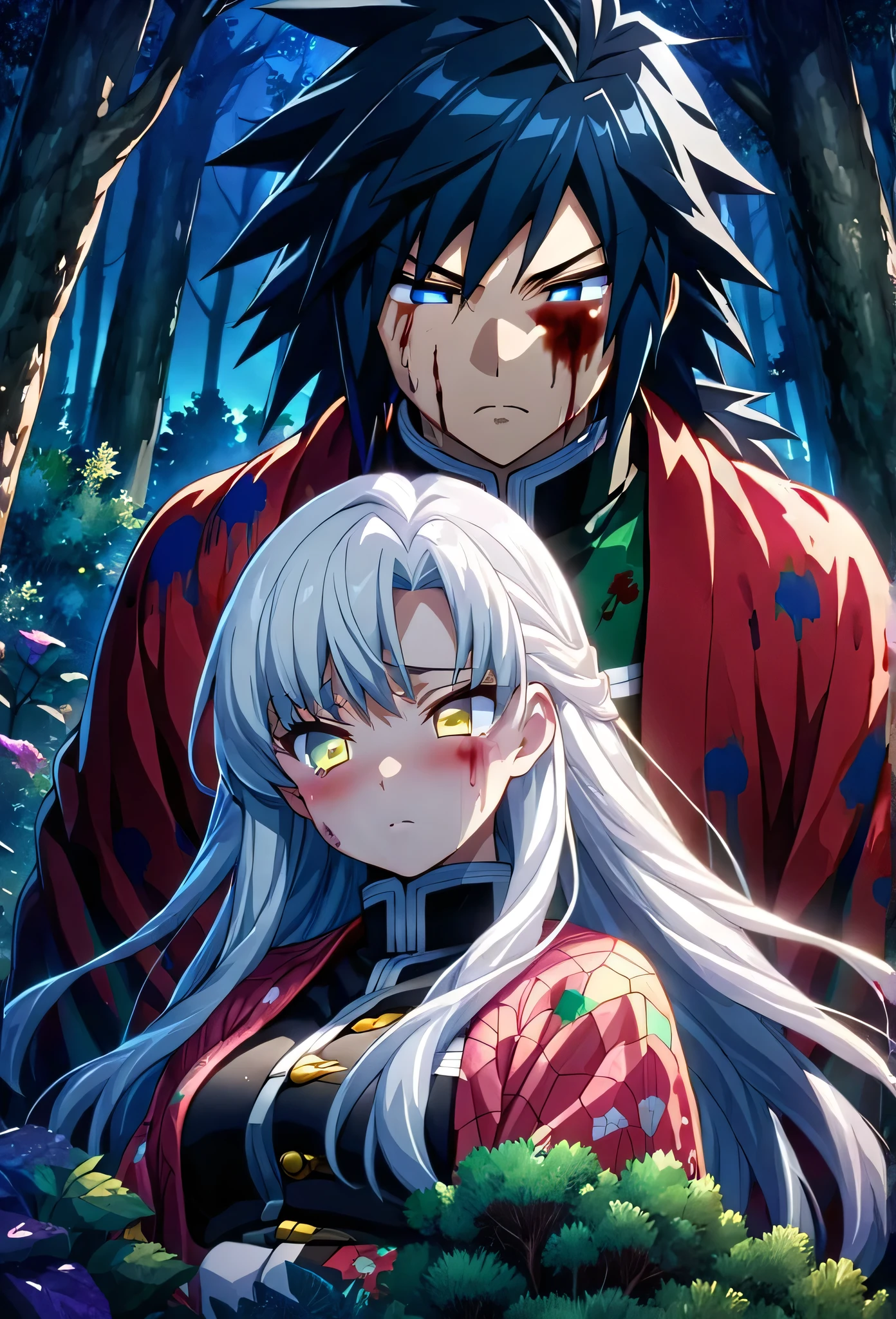 Ultra detailed, high resolution, absurd, HDR, masterpiece, anime girl and boy, beautiful woman (with long white hair with deep red streaks, woman (with yellow eyes), the woman (is wearing a red haori), in black demon slayer corps uniform, Kimetsu No Yaiba, fantasy, handsome, Tomioka Giyu, Hashira, Tomioka is serious, couple, night, forest, best quality, extremely detailed face, anime, the girl is really hurt, the girl is covered in blood , Tomioka is a strong man , Tomioka is trying to protect the pretty girl