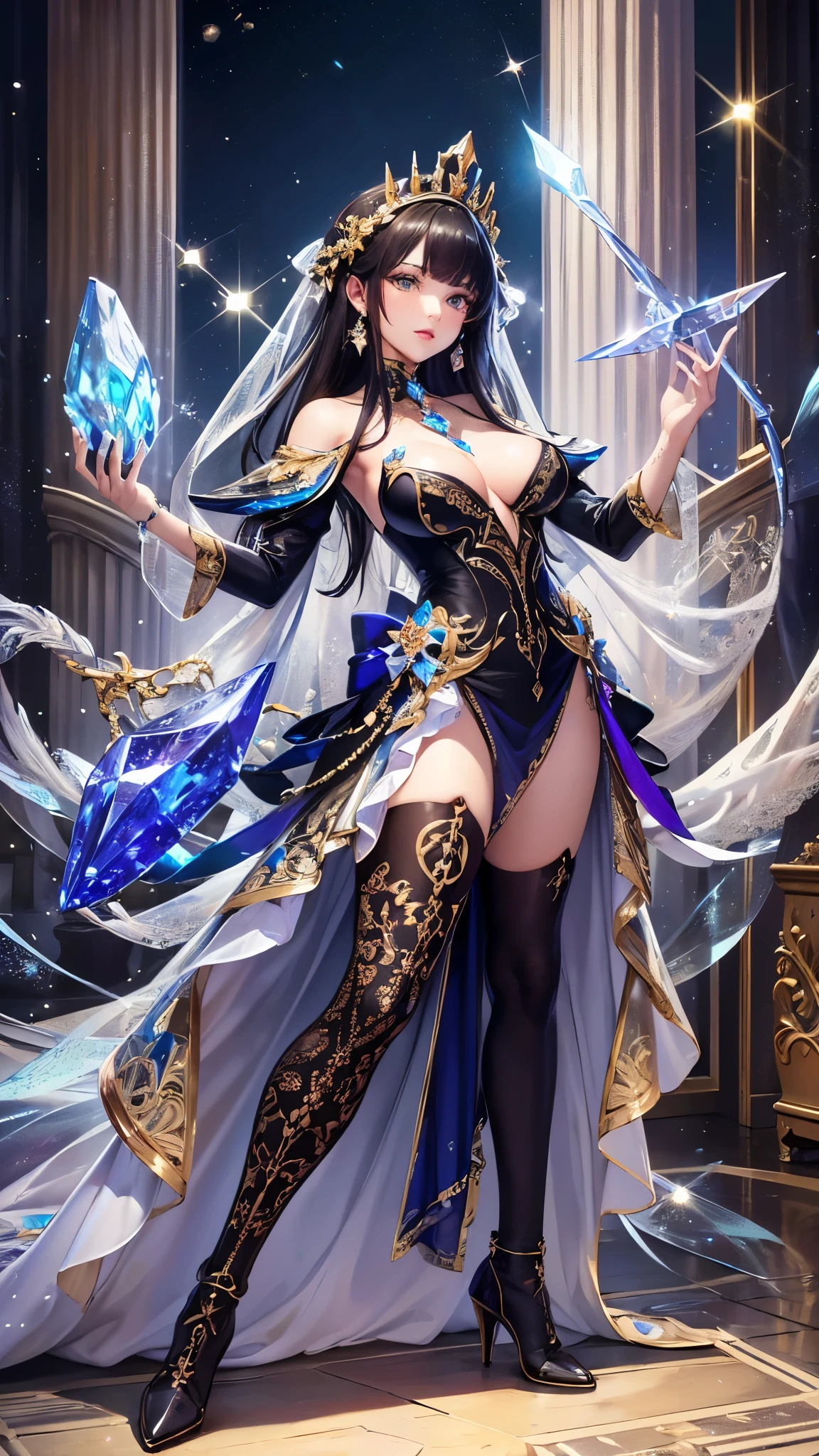 ((Highest quality)),(Ultra-high resolution),(Ultra-detailed new),(Detailed Description),((The best CG)),(masterpiece),Highly detailed art,A wonderful new art form,(Art with precise details:1.5), (One woman:1.4),(Beautiful and well-proportioned face:1.3),((crystal:1.5)),Dynamic Pose:1.4,(Gorgeous sparkling dress:1.6),(Boots with intricately detailed relief:1.3)
