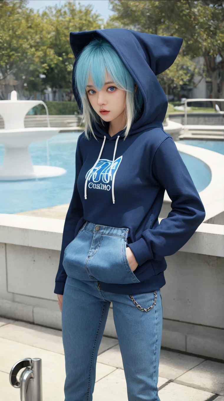 Emmi Xi, 1 mature woman, waist up, blue hair, facing_viewer, detailed face+black eyes:1.3, closed mouth, wearing a pullover hoodie, outdoors, background: standing infront of a waterfall, <lora:Emmi Xi:1>