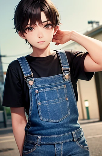 New boy, wearing denim overalls, lovely gaze, in the square, best qualityer, anime styling