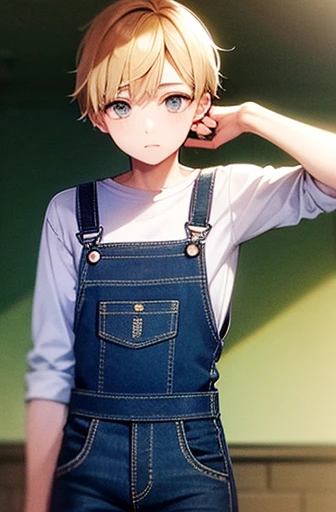 New boy, wearing denim overalls, lovely gaze, in the square, best qualityer, anime styling
