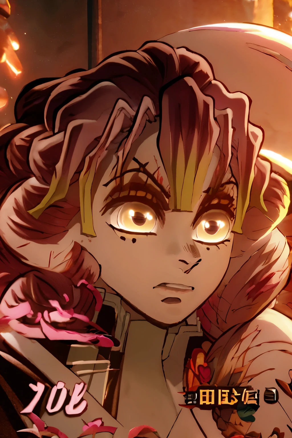Demon Slayer screenshot of a woman with white skin, dark brown eyes and long, curly brown hair. She is wearing the hunter squad uniform and a pink and white katana with some heart details.. The character must appear in full on the cover. Ufotable studios season 1 screenshot.