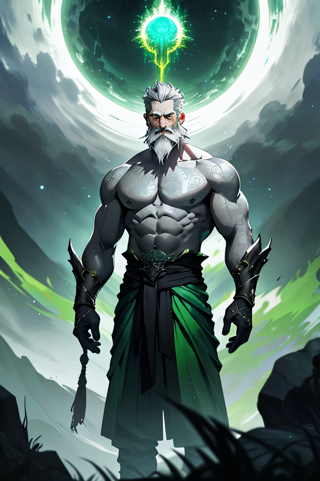 It depicts a gray god with a silvery sheen to his hair, accented by a meticulously pasted-on mustache and beard. He stands in an ethereal pose, bare from the waist up, yet maintaining a sense of modesty by cleverly concealing his lower half. A verdant aura envelops him, the radiant green hue adding an otherworldly quality to the scene. The background is shrouded in darkness, creating a stark contrast that highlights the god's celestial presence.