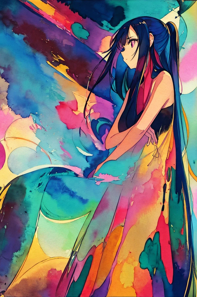 An abstract colorful Watercolor Painting of a nacked girl with long black hair, beautiful art