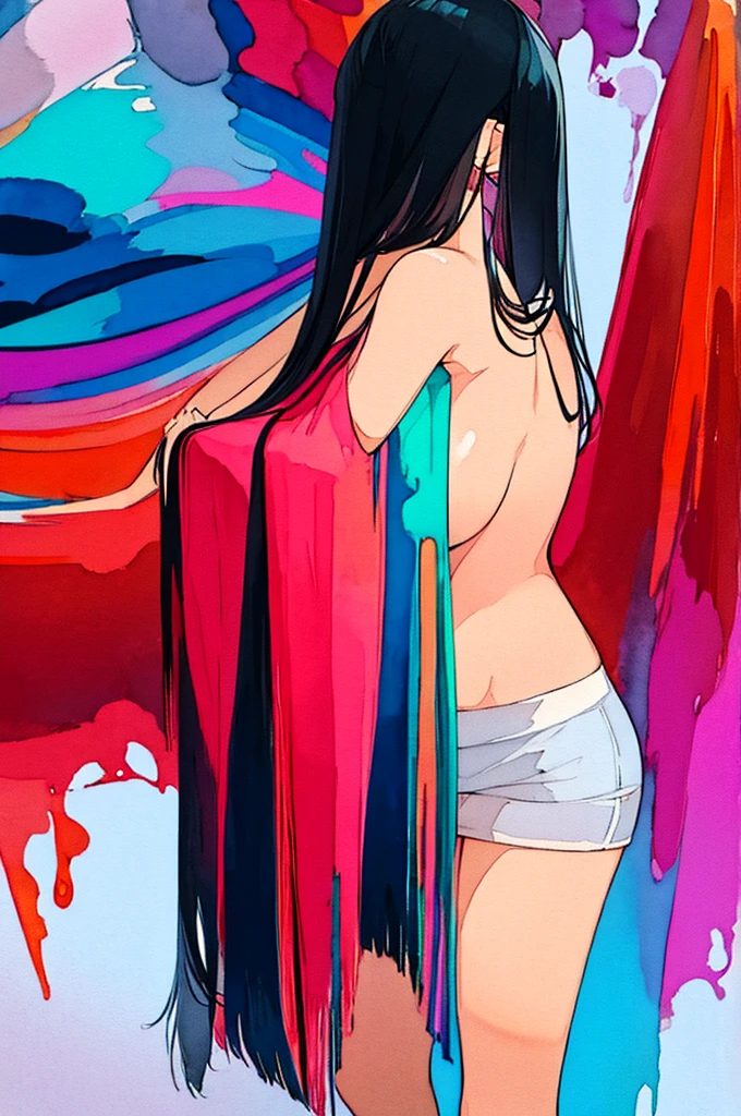An abstract colorful Watercolor Painting of a nacked girl with long black hair, beautiful art