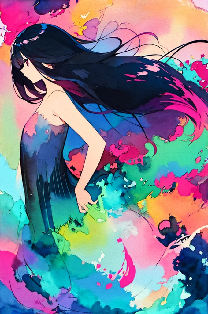 An abstract colorful Watercolor Painting of a nacked girl with long black hair, beautiful art