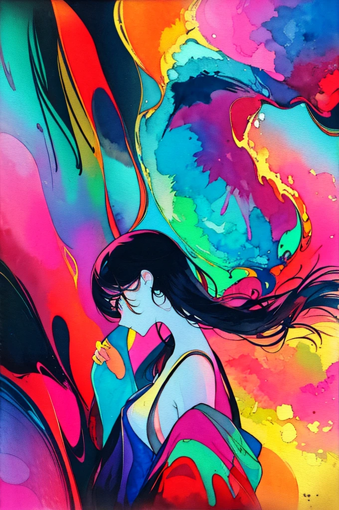 An abstract colorful Watercolor Painting of a nacked girl with long black hair, beautiful art