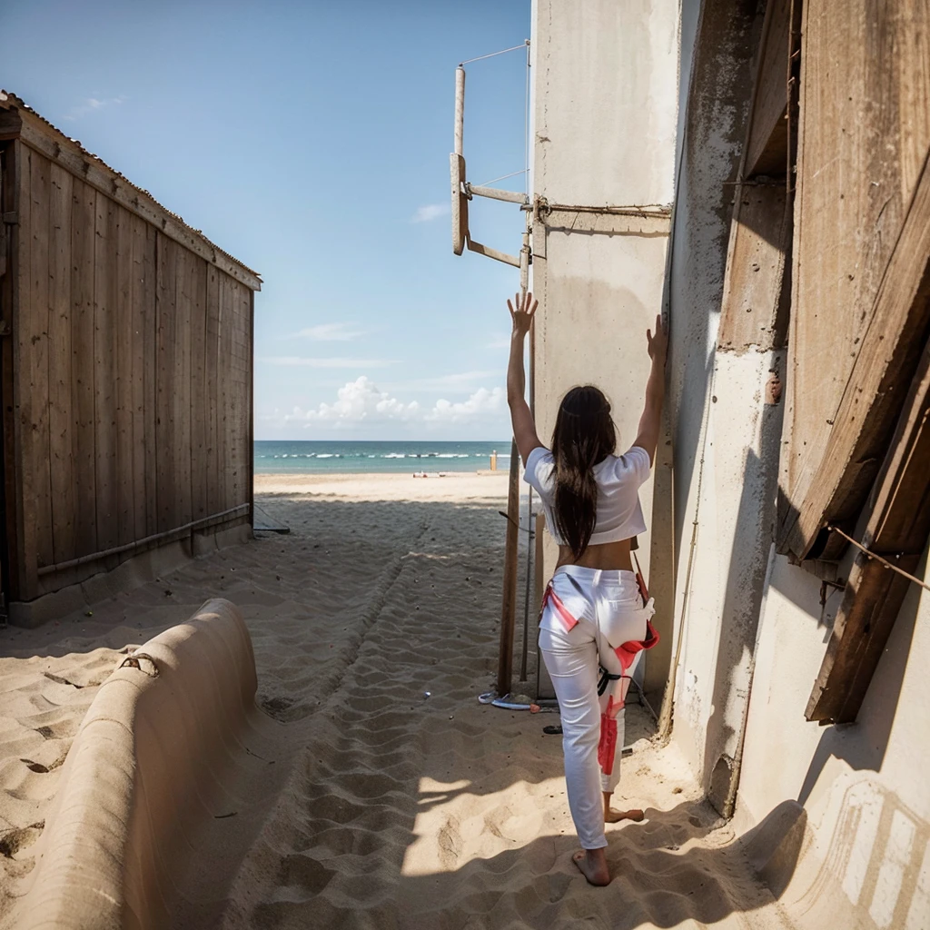 rear view, a girl naked to the waist, in stylish white trousers, holds a stick in her raised hand, her T-shirt hangs at the end of the stick, walks along the sand of the beach towards the sea, view from afar, in full growth, stylish photo, fashion photo, in the style of Mario Testino