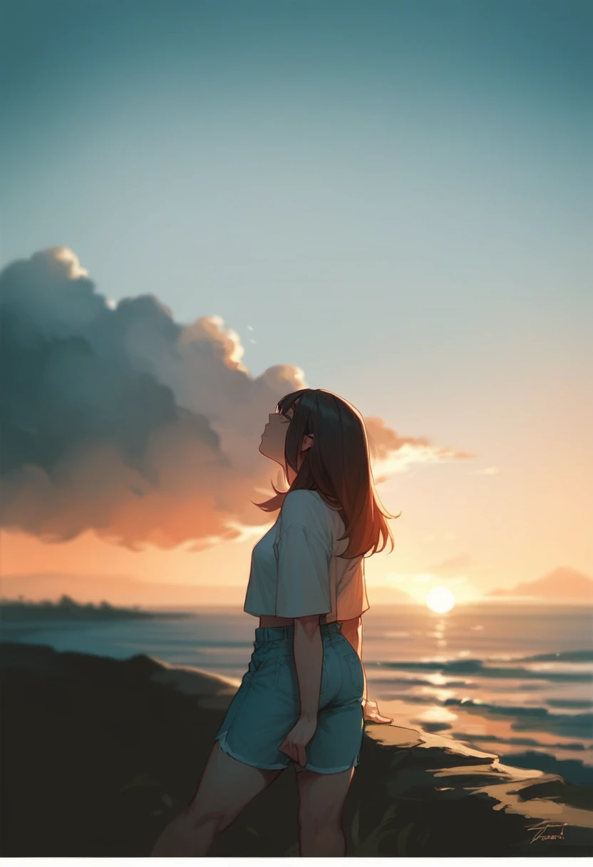 1 girl, hot pants, crop top, short hair