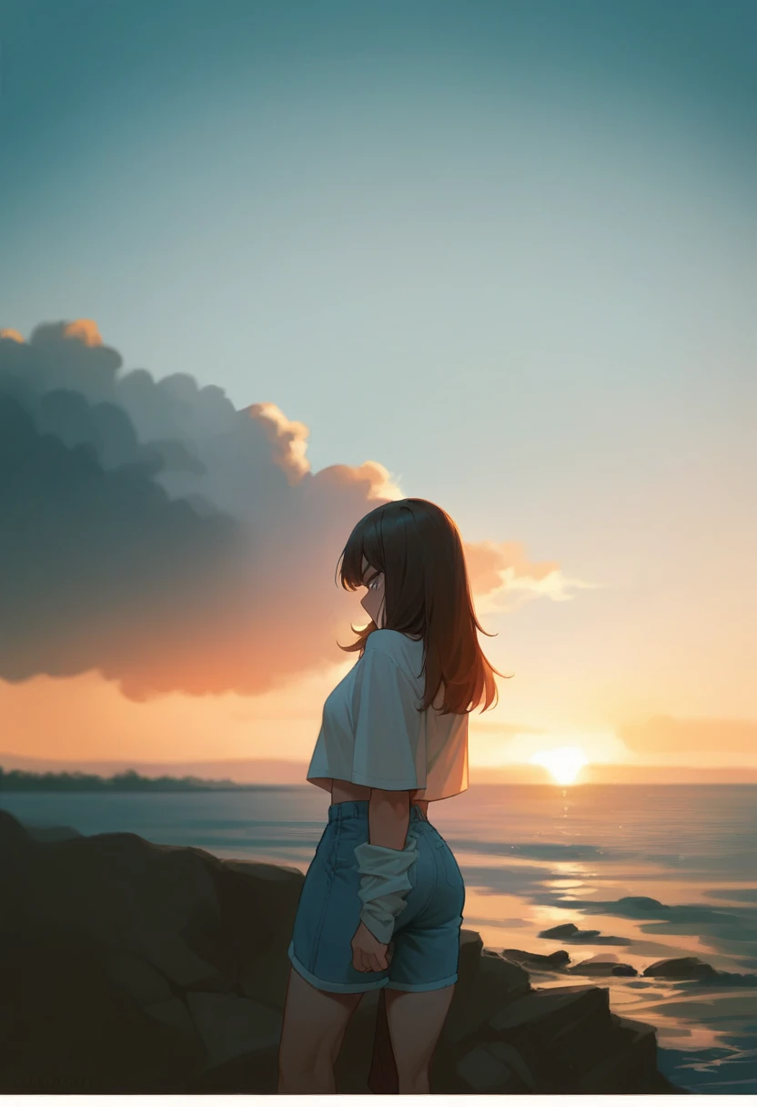 1 girl, hot pants, crop top, short hair