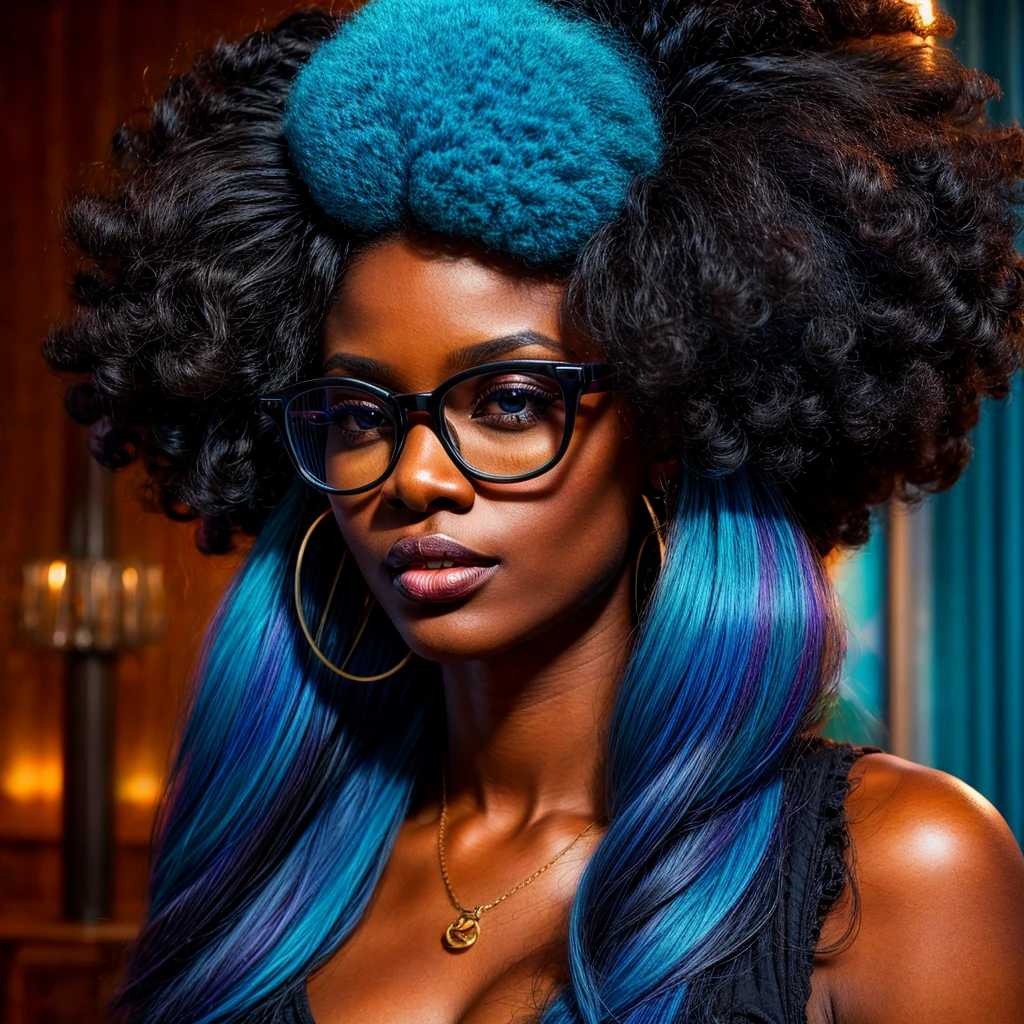 Beautiful black woman with afro hair advertising stylish glasses with blue frames and lenses, swirly vibrant colors, hyper realistic art in 4k, hyper realistic hair