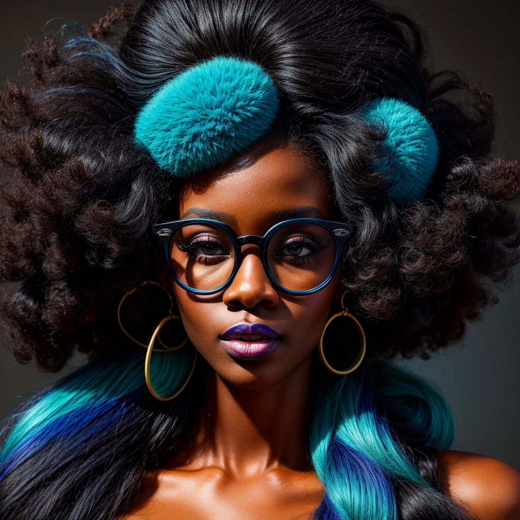 Beautiful black woman with afro hair advertising stylish glasses with blue frames and lenses, swirly vibrant colors, hyper realistic art in 4k, hyper realistic hair
