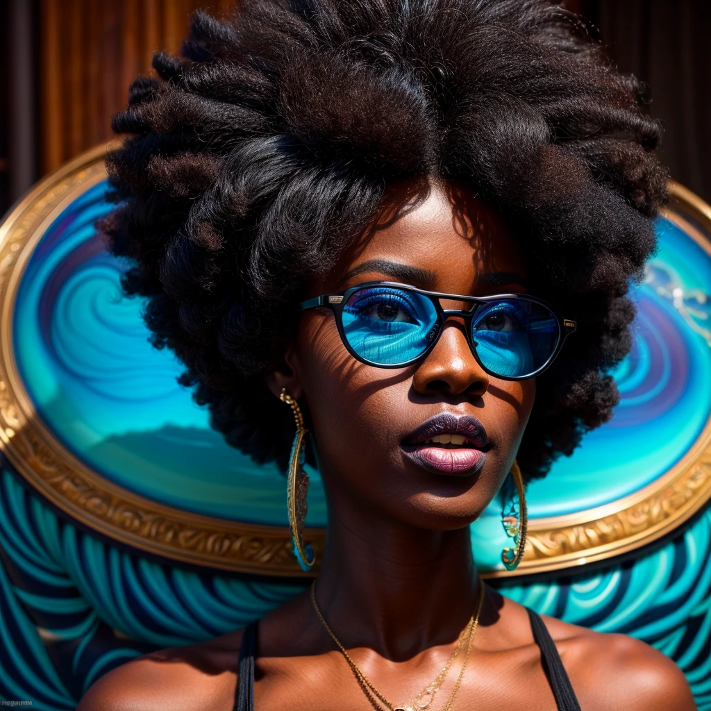 Beautiful black woman with afro hair advertising stylish glasses with blue frames and lenses, swirly vibrant colors, hyper realistic art in 4k, hyper realistic hair