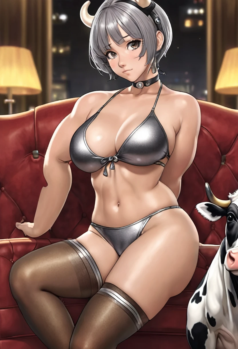 Woman, mommy type, curvy with big chest and butt, short gray hair, gray eyes, calm, serious, no blush, slight sweat, cowgirl, cow-colored bikini, cow-colored stockings on legs, hair band with cow ears and horns, cow bell on the neck, sitting on a round sofa, night club background, dusk lightning