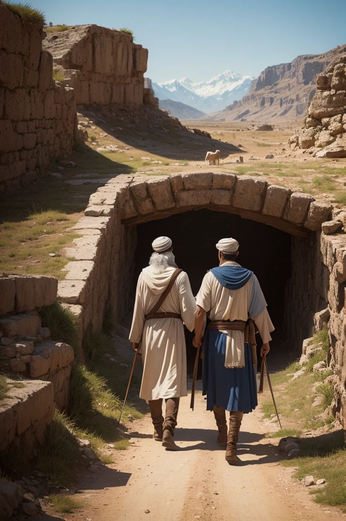 I want an image that illustrates the journey of Abraham and Isaac towards Moriah as a symbolic representation of the first coming of Christ.