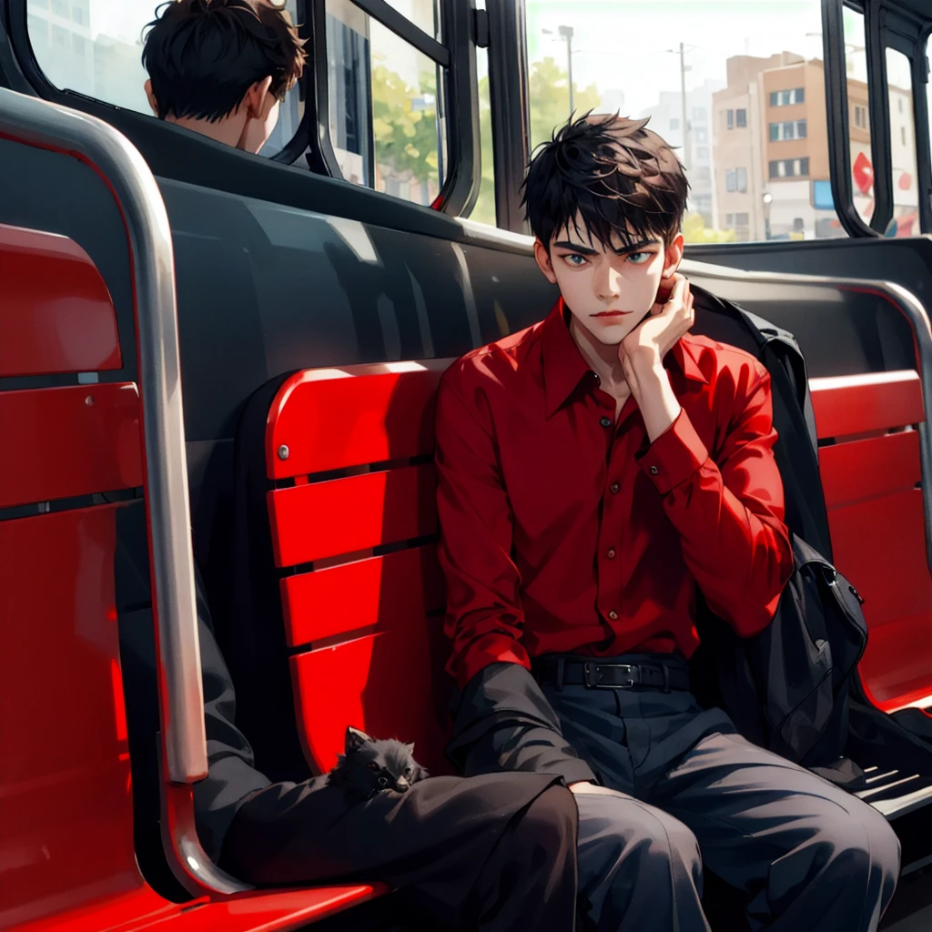 Create a 15 year old boy in a red blouse., Cowboys, black fur, very sad. Sitting on a bus bench.