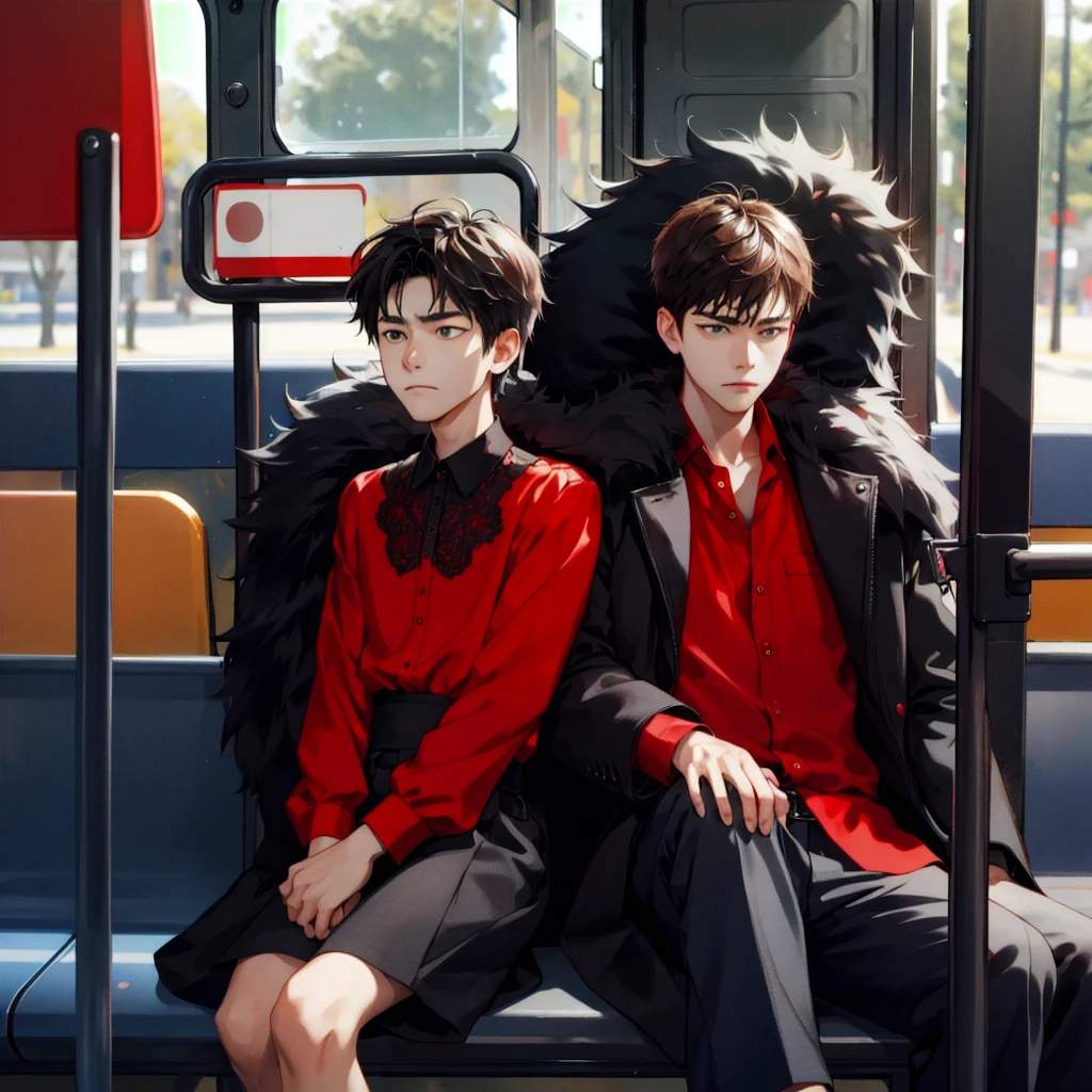 Create a 15 year old boy in a red blouse., Cowboys, black fur, very sad. Sitting on a bus bench.